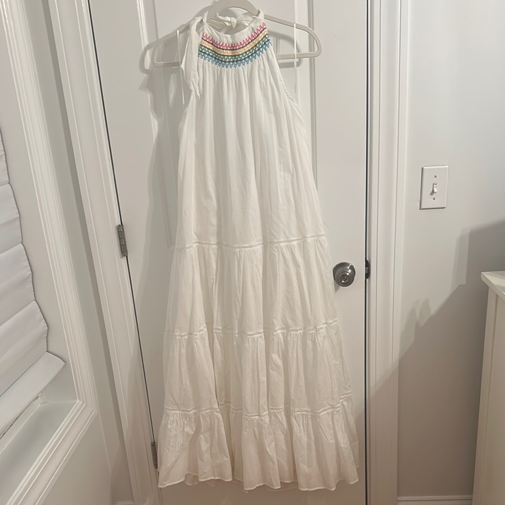 NWOT! J. Crew White Tiered Ruffled Maxi Dress with Rainbow Embroidery